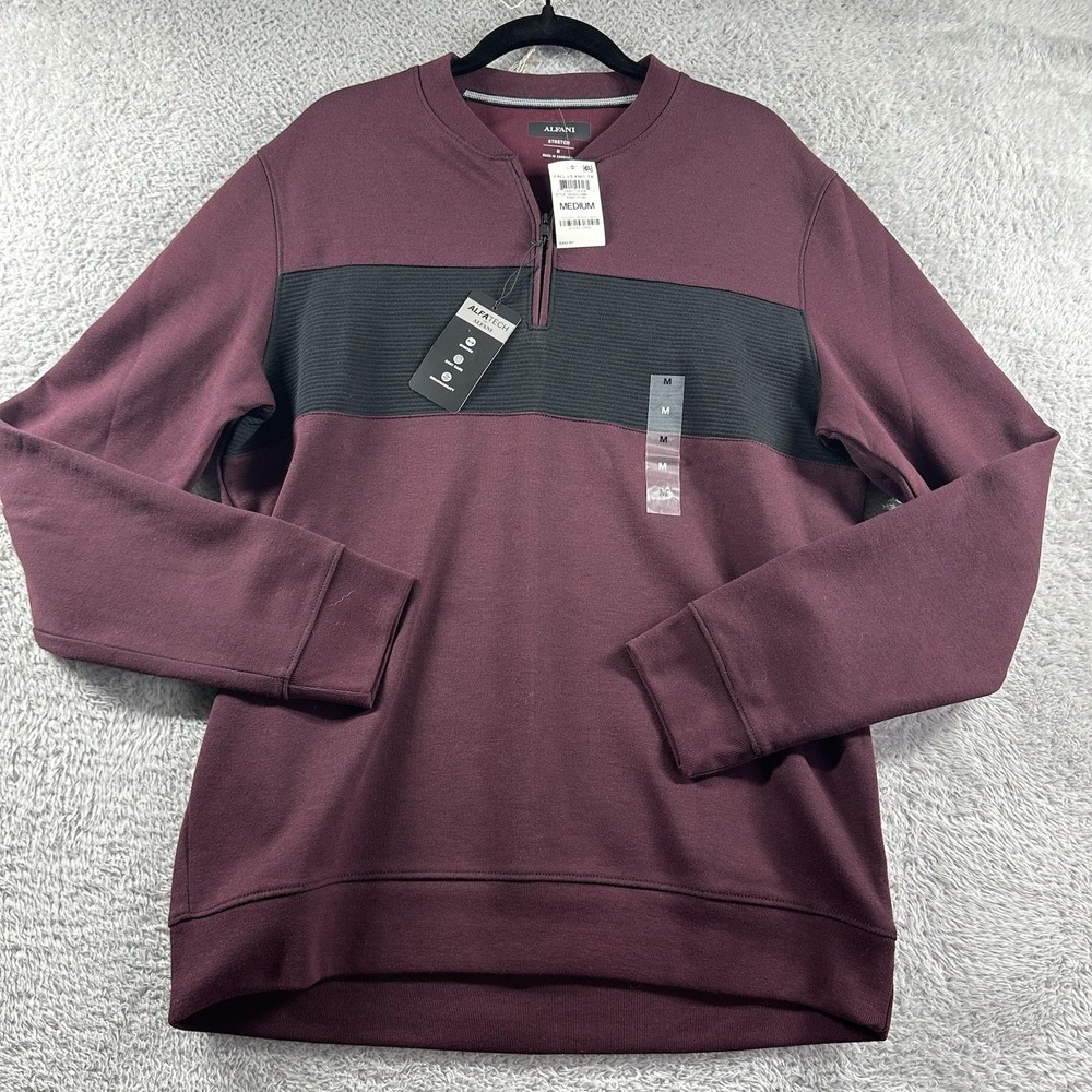 Alfani 1/4 Zip Sweater Mens Medium Black Burgundy AlfaTech Baseball Stretch NWT